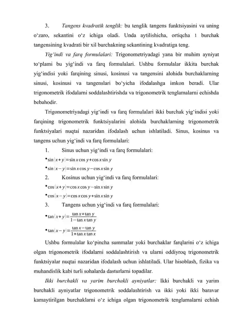 TIRIGONOMETRIK AYNIYATLARNI O‘QITISH METODIKASI VA BOSHQA SOHALAR BILAN BOG‘LIQLIGI 3