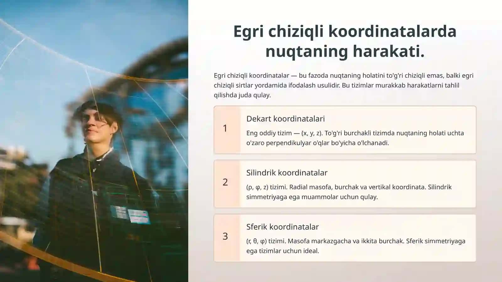 Nuqtaning egri chiziqli koordinatalardagi harakati: tezlik va tezlanish 3