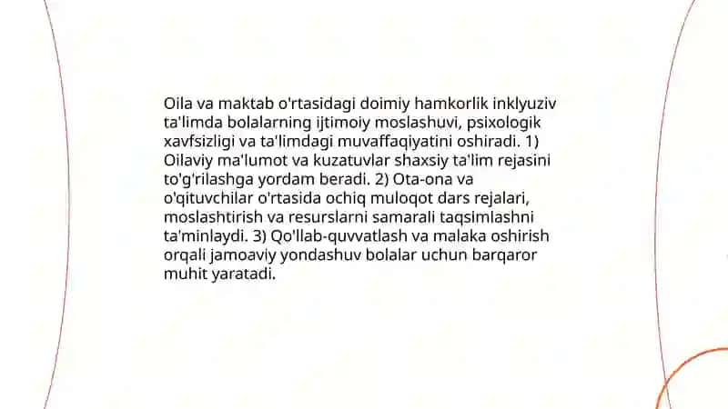 Alohida yordamga muhtoj bolani umumtaʼlim maktabi yoki maktabgacha tashkilotda inklyuziv taʼlim sharoitida oʻqishga moslashishida oila va maktabning oʻrni 3