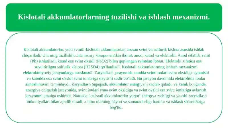 Akkumlator ularni turlari. (kislotali va ishqoriy) va ishlash prinsiplari. 3