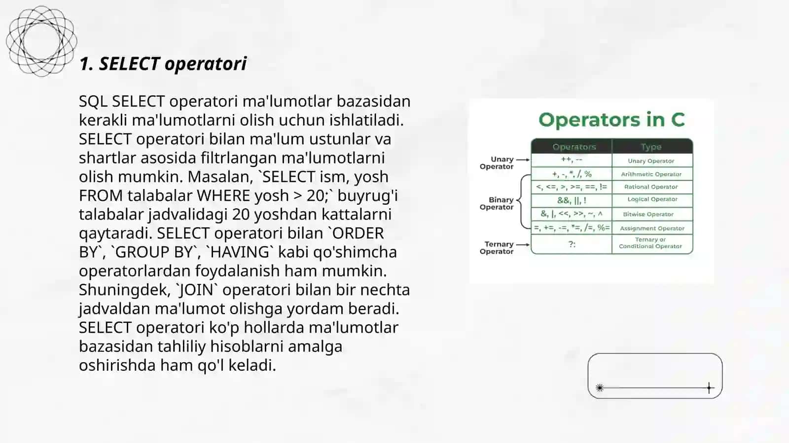 SQL til operatorlari vazifalari 3