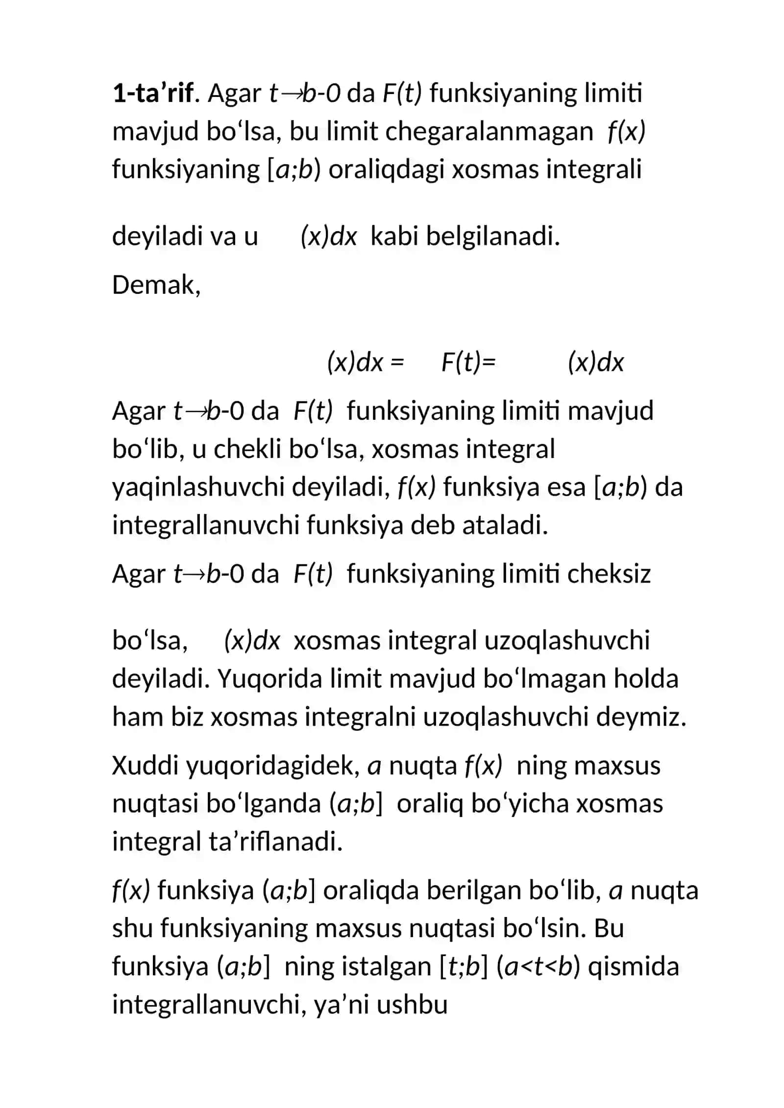 Chegaralanmagan funksiyaning xosmas integrali 3