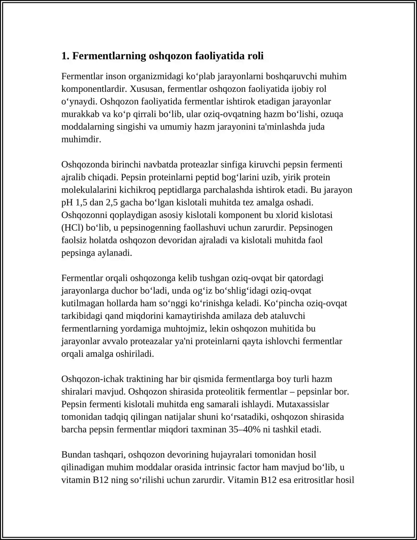 FERMENTLAR FAOLLIGINI OSHQOZON KISLOTALIGINI GIPO- VA GIPERATSID XOLATLARDA O’ZGARISHI VA TIKLASH CHORALARI. TIBBIYOTDA FERMENTLARNING QO’LLANILISHI. ONTOGENEZDA FERMENTLAR FAOLLIGINI BOSHQARILISHINING AHAMIYATI. NASLIY FERMENTOPATIYALAR 3
