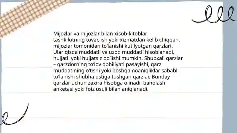 Mijozlar va mijozlar bilan xisob kitoblarni xisobga olish shubxali qarlar uchun zaxitrani xisobga olish 3
