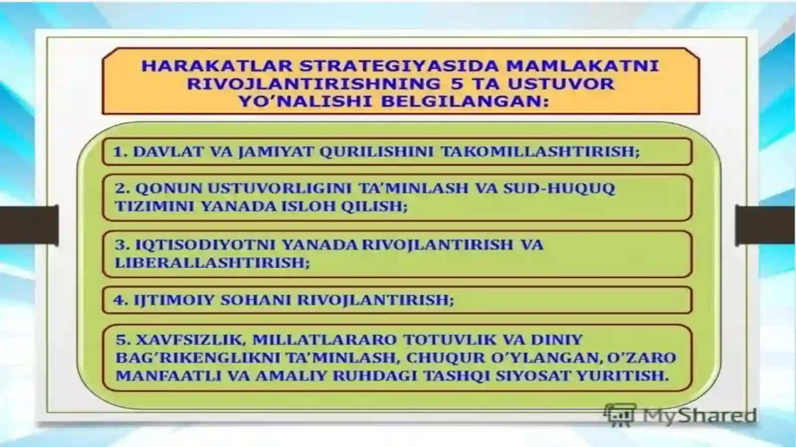 Yangi O'zbekistonda Prezident Sh. Mirziyoyev rahbarligi vatashabbusi ostida amalga oshirilgan islohotlar 3