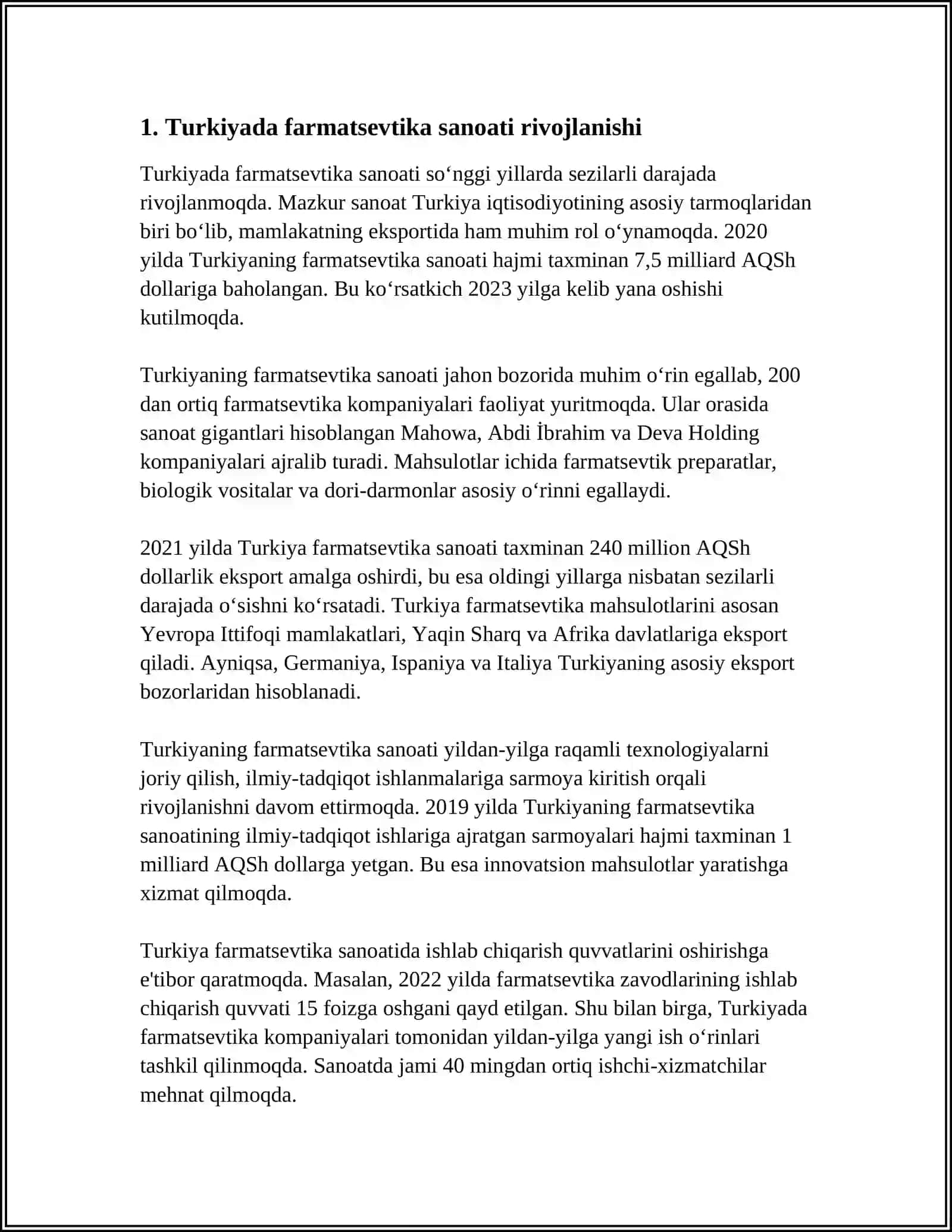 TURKIYA DAVLATINING FARMATSEFTIKA SOHASI, KIMYO SOHASI 3