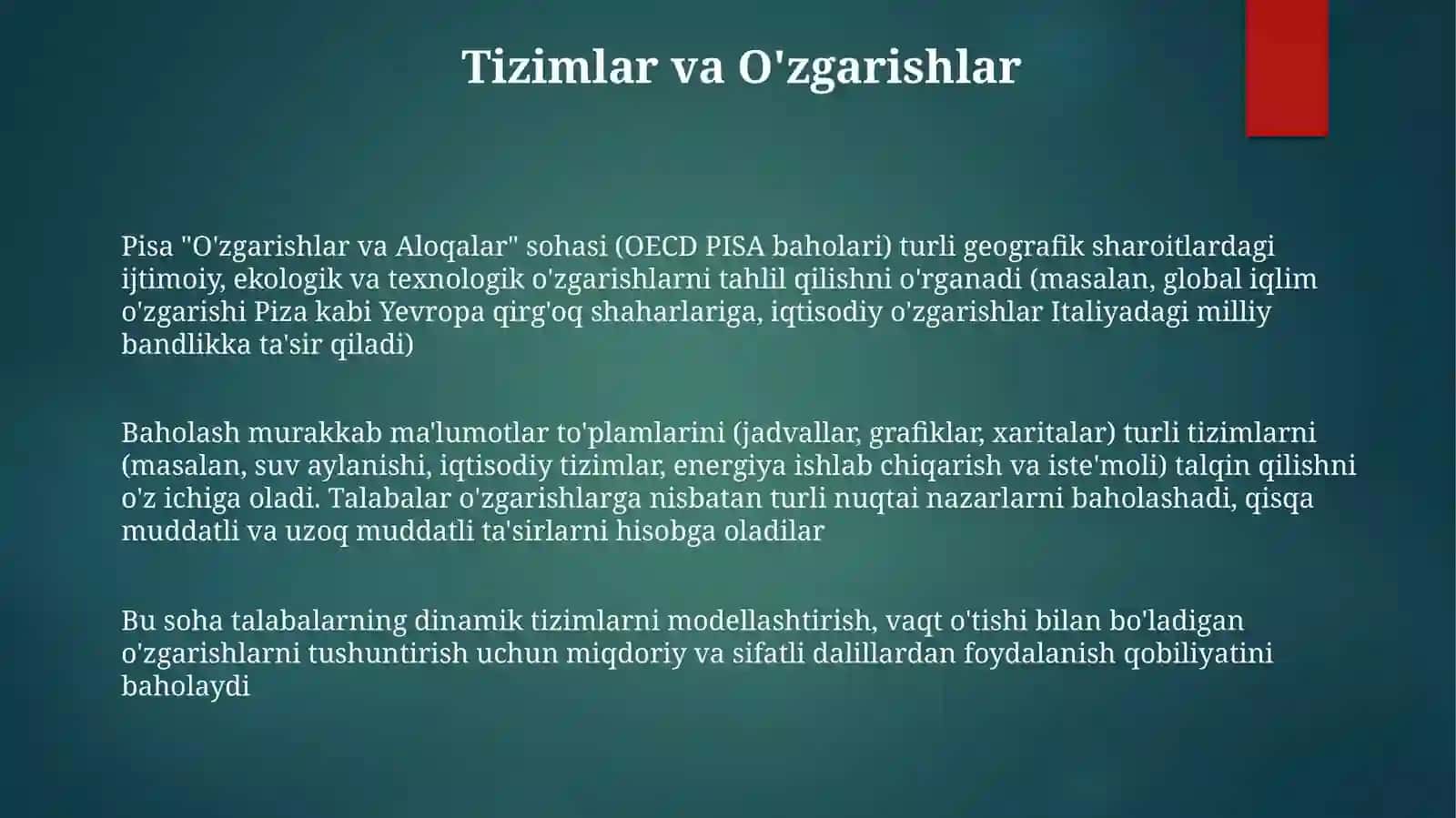 PISA xalqaro baholash dasturida “O‘zgarish va bog‘lanishlar” mazmun sohasi 3