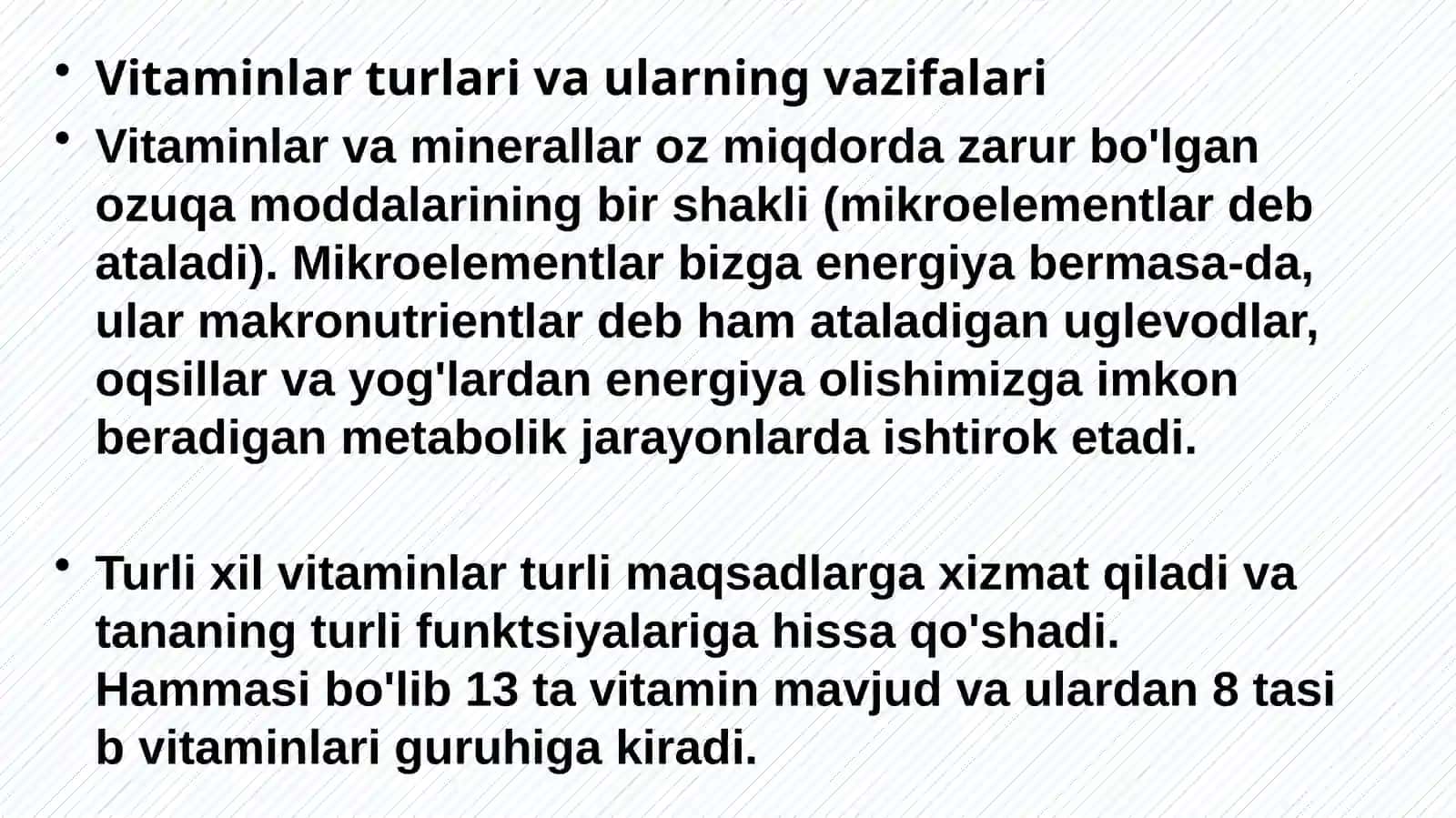 Asosiy oziqa moddalar- mineral moddalar va vitaminlarning biologik ro’li va asosiy manbalari 3