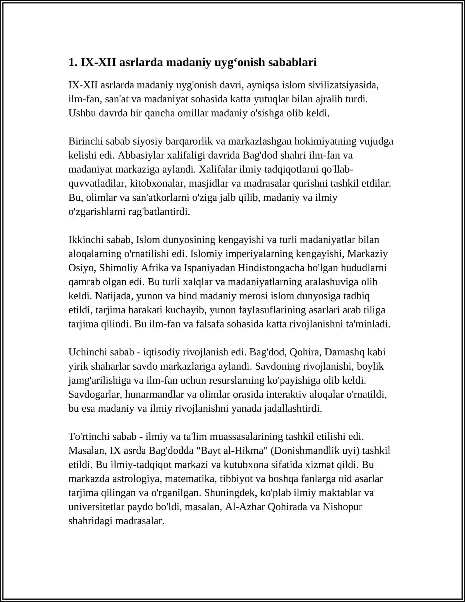 IX-XII ASRLARDA MAMLAKATIMIZ HUDUDIDA RO‘Y BERGAN MADANIY UYG‘ONISH (RENESSANS). BUYUK ALLOMALARNING JAHON SIVILIZATSIYASIGA QO‘SHGAN HISSASI 3