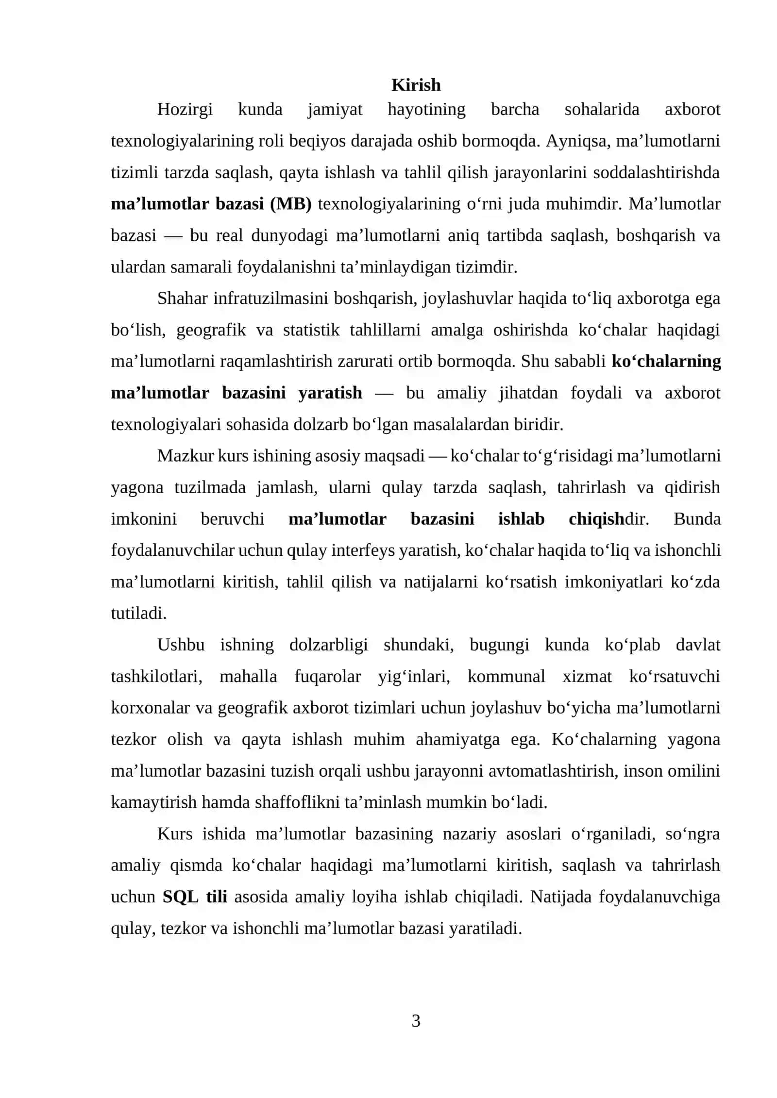 Ko‘chalarning ma’lumotlar bazasini tuzish amaliy jarayoni 3