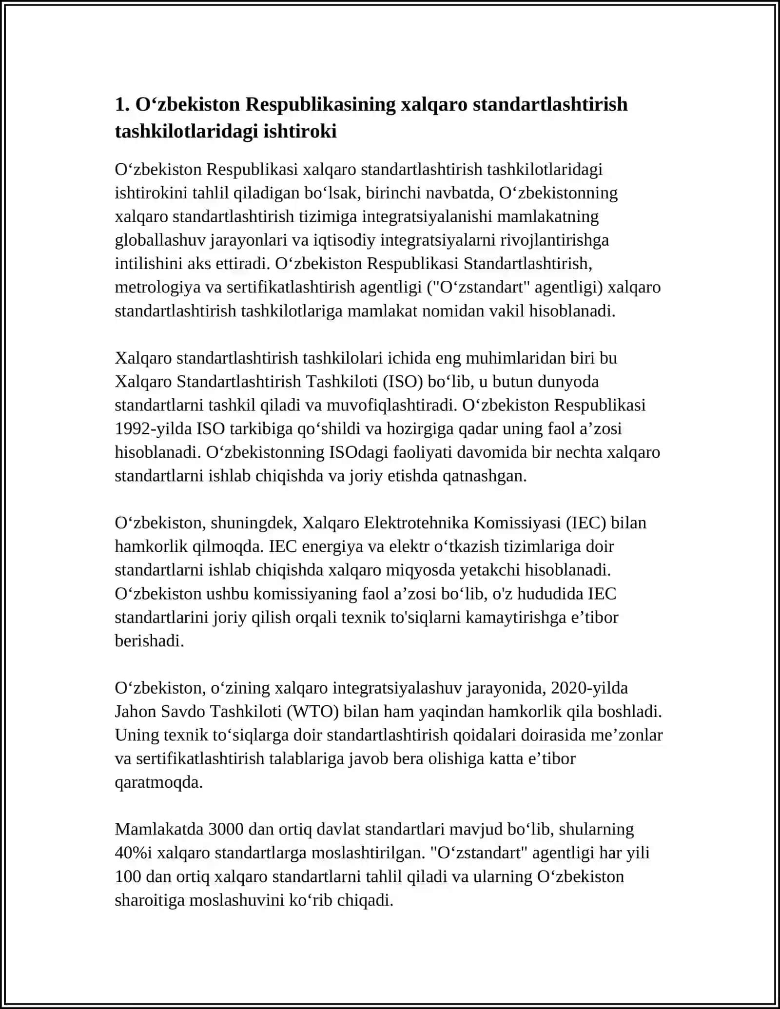OʻZBEKISTON RESPUBLIKASINI XALQARO STANDARTLASHTIRISHDAGI OʻRNI 3