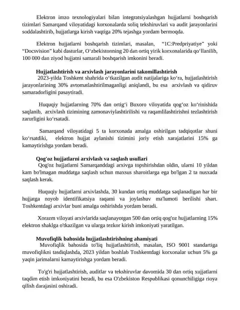 Muvofiqlikni baholashda hujjatlashtirish va arxivlash mexanizmlari 3