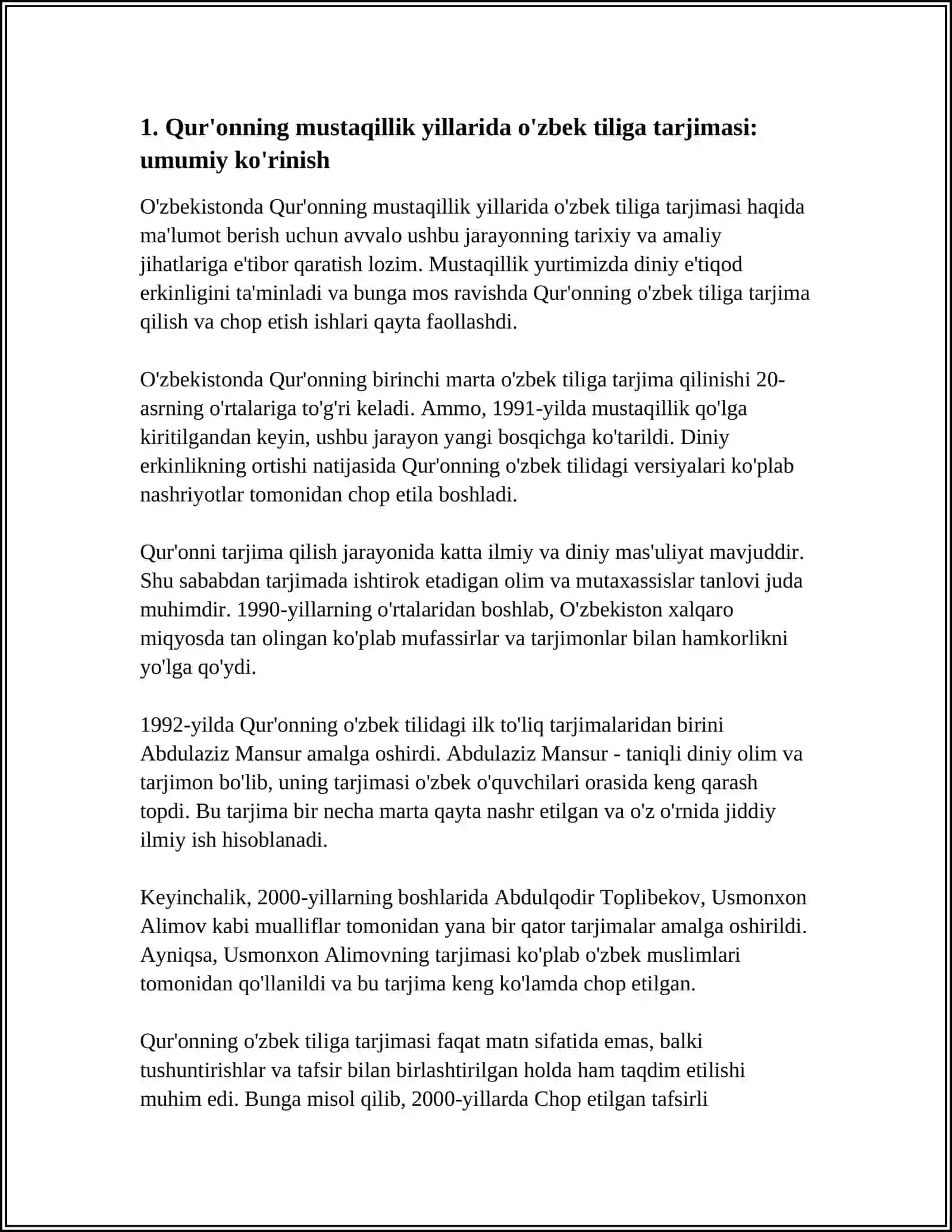 MUSTAQILLIK YILLARIDA QUR'ONNING O‘ZBEK TILIGA TARJIMA QILINISHI VA TA'SIRLARI 3