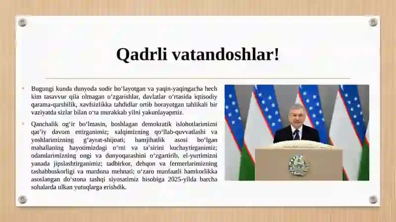 Prezident Shavkat Mirziyoyevning 2025-yil 26-dekabrda xalqga qilgan murojaatnomasi 3