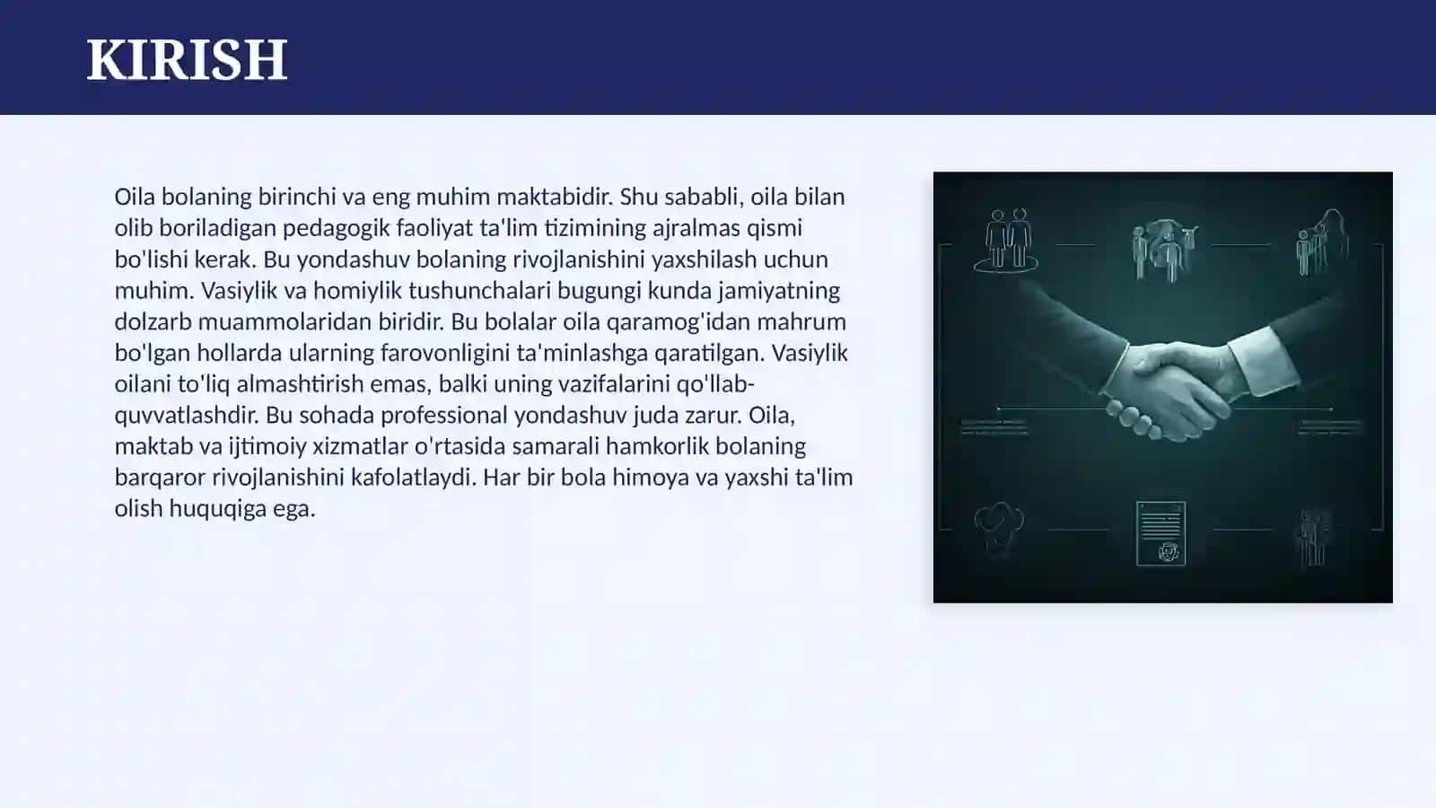 OILA BILAN OLIB BORILADIGAN IJTIMOIY-PEDAGOGIK FAOLIYAT. VASIYLIK VA HOMIYLIK 3