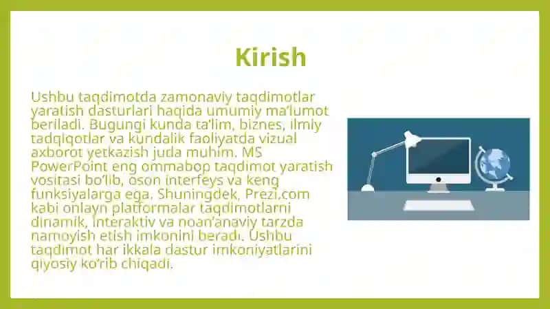 Taqdimotlar yaratish dasturlari MS Power Point haqida umumiy ma'lumotlar, imkoniyatlari. Prezi.com dasturlari va ulardan foydalanish asoslari. 3