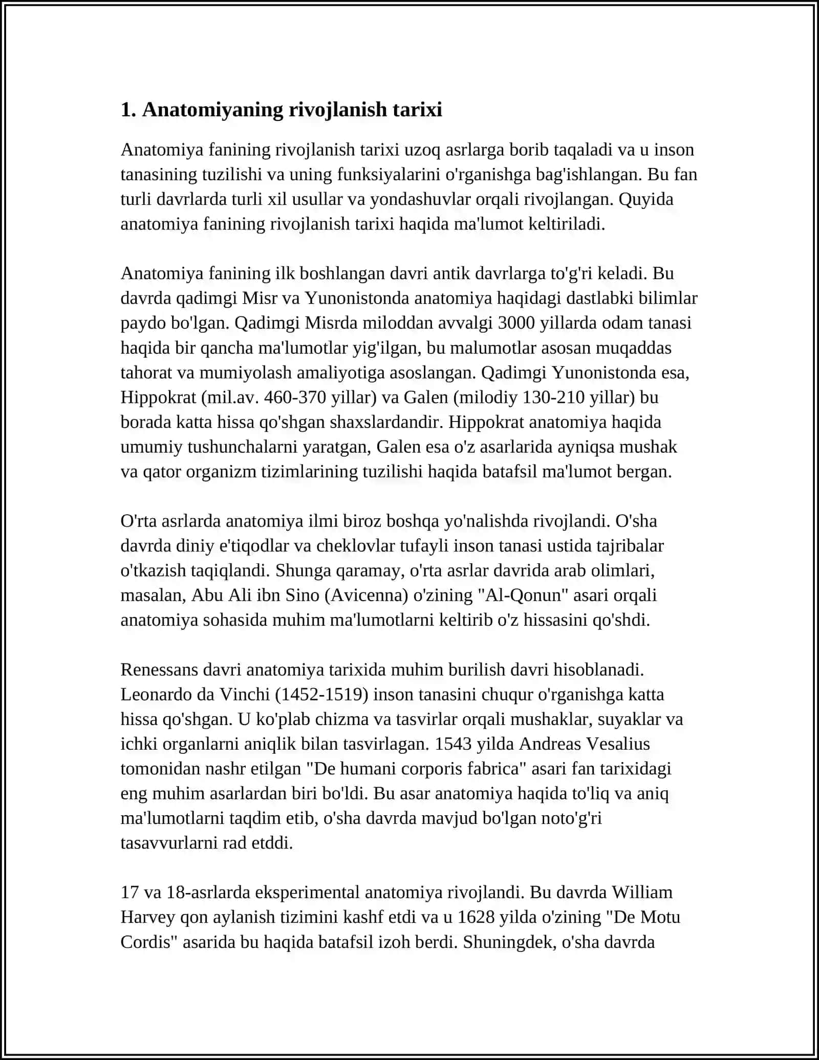 ANATOMIYA VA FIZIOLOGIYA QISQACHA TARIXIY OBEYEKTI. ANATOMIYA USULLARI.TANA O'QI VA SATHLARI (EKTODERMA, ENDODERMA VA MEZODERMA) 3