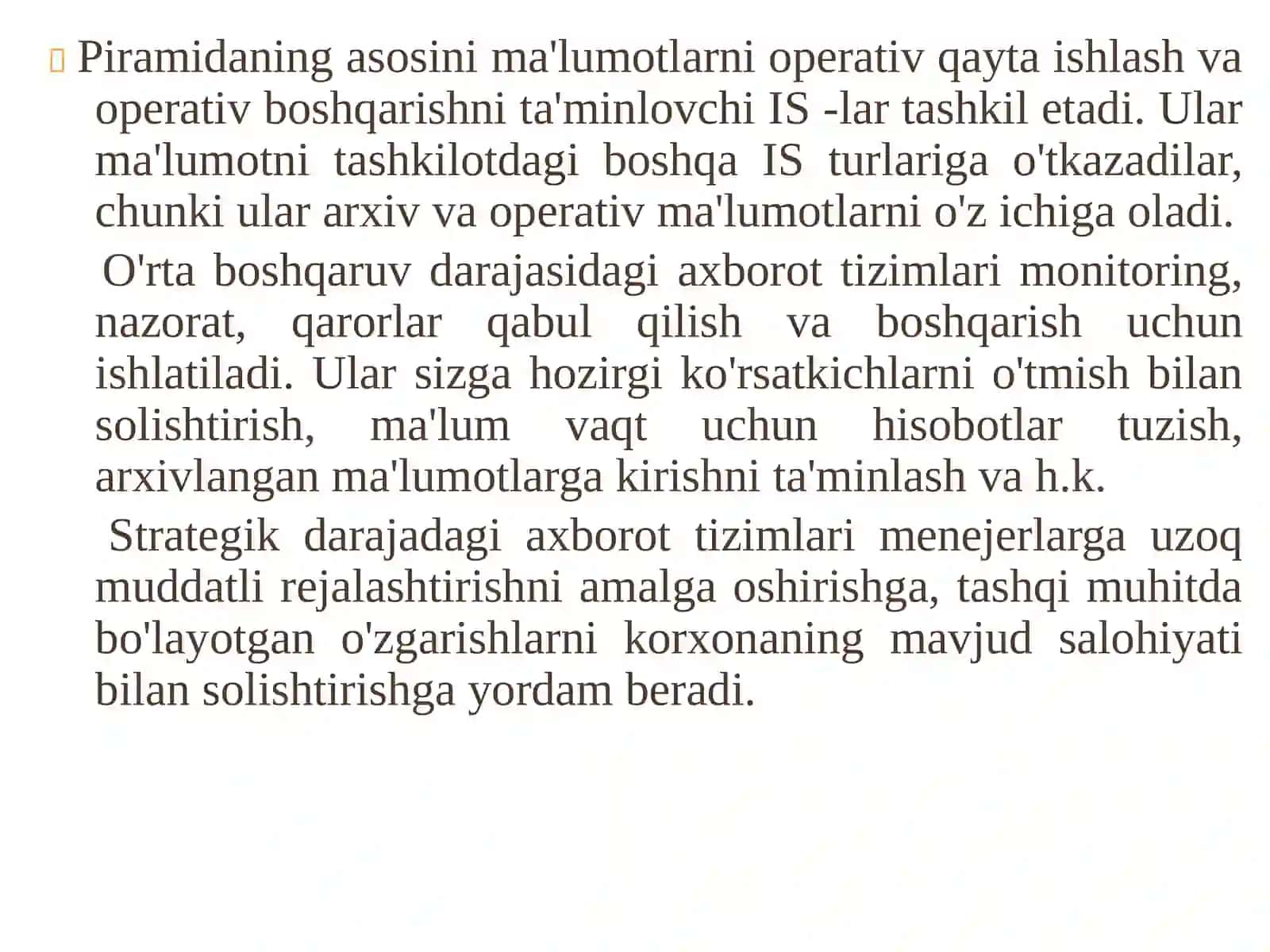 Axborot tizimlarining tasnifi va ularning boshqaruvdagi o'rni 3