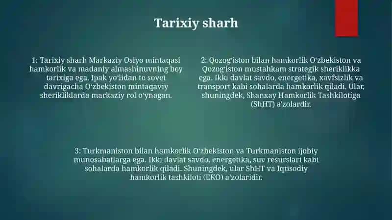 Oʻzbekiston Respublikasining Markaziy Osiyo Davlatlari Bilan Hamkorligi 3