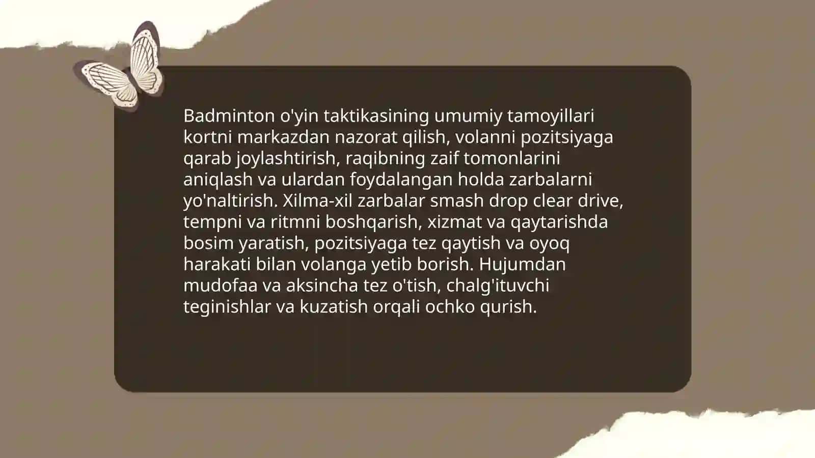 Badminton ôyin taktikasi tavsifi va bôlimlari 3