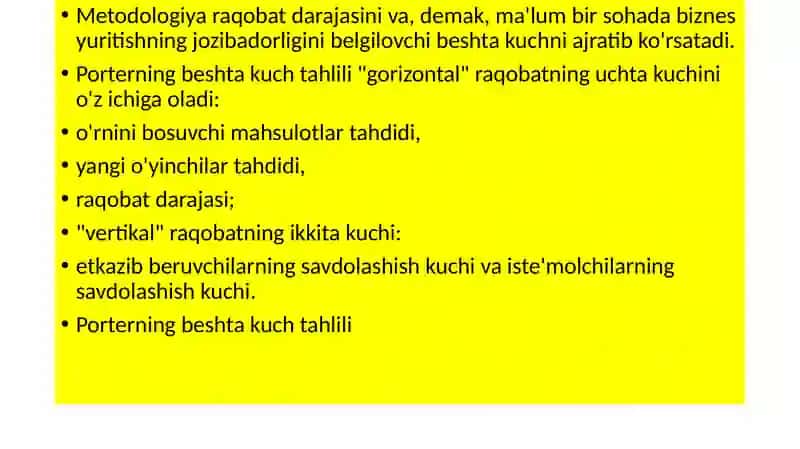 Porterning analitik sxemasi va SWOT tahlili. Tovarlarni ilgari surish: tarmoqlar va tarqatish kanallari. 3