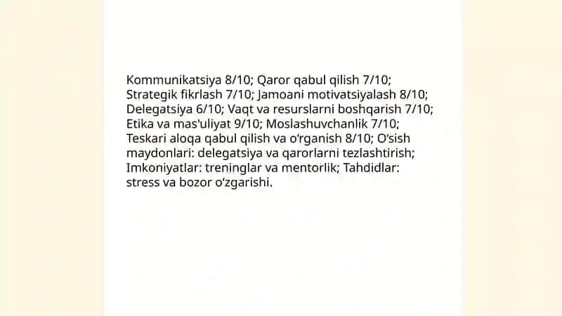 O'zingizning rahbarlik qobilyatingizni baholab, SWOT tahlil qilish 3