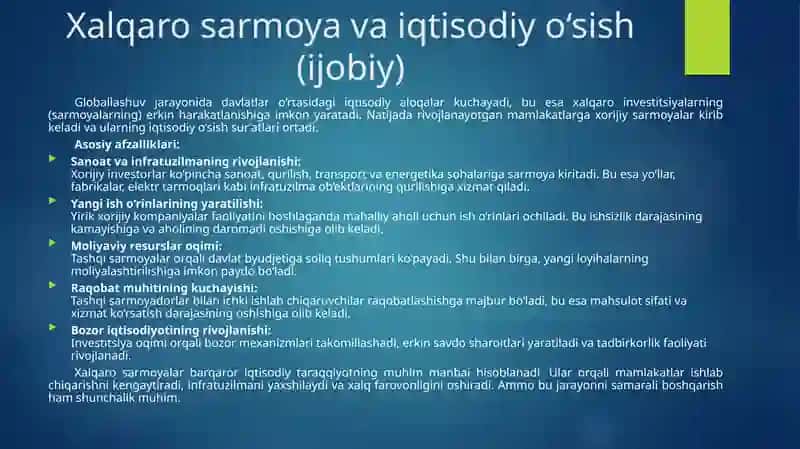 Barqaror taraqqiyotni taʼminlashda globallashuvning ijobiy va salbiy yoʻnalishlari 3