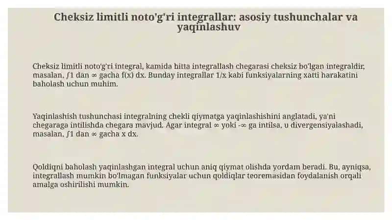 Chegarasi cheksiz xosmas integrallarni taqribiy hisoblash 3