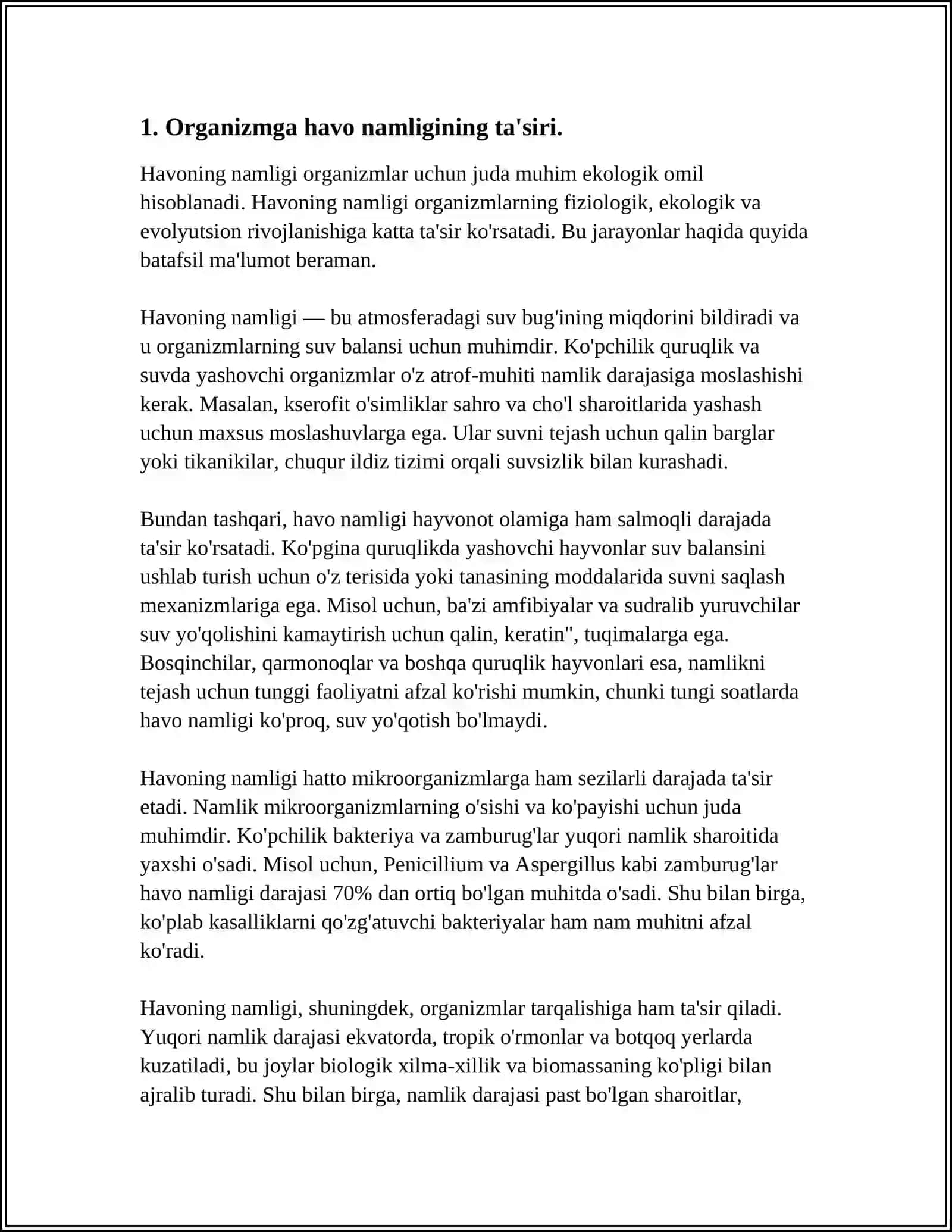 ORGANIZMGA HAVO NAMLIGI KO'RSATGICHLARINING TA'SIRI. XARORAT O'LCHOV ASBOBLARINI YARATISH TARIXI, TERMOMETRIYA USULLARI VA ULARNING AHAMIYATI. AYLANMA HARAKAT MEXANIKASI QONUNLARI. MASSA MARKAZI 3