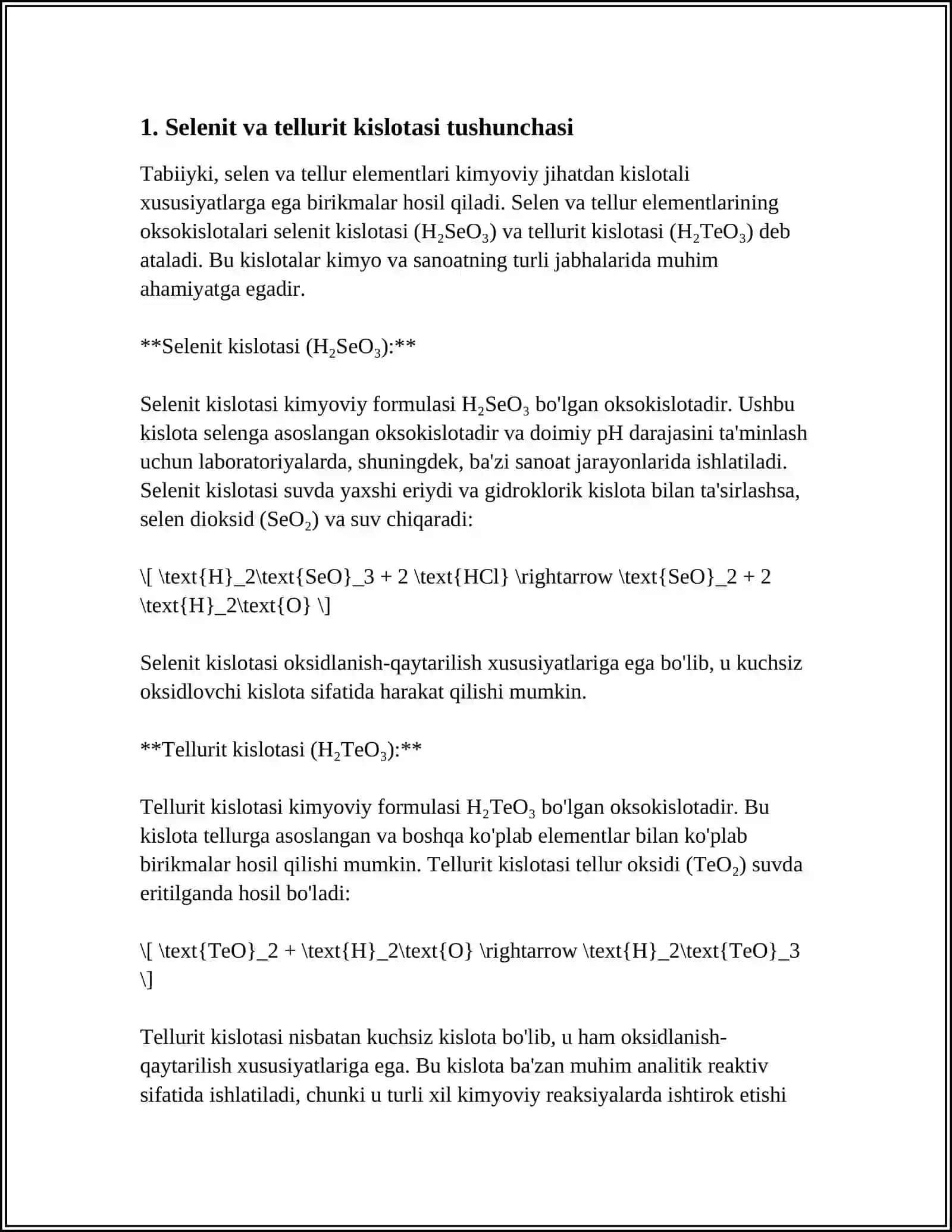 SELENIT VA TELLURIT KISLOTALAR.SULFIT-TELLURIT KISLOTALAR QATORIDA OKSIDLOVCHILIK-QAYTARUVCHILIK XOSSALARINING O'ZGARISHI 3