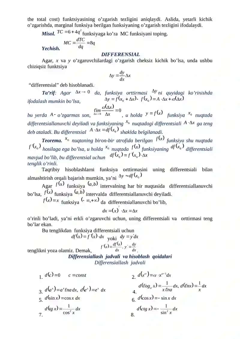 FUNKSIYA DIFFERENSIALI VA DIFFERENSIAL HISOBNING IQTISODGA TADBIQLARI 3