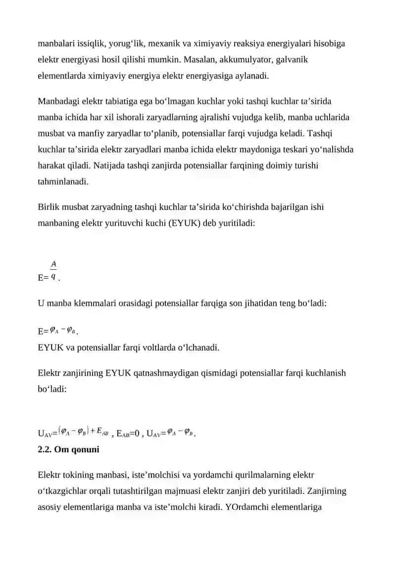 ELEKTR TOKINING ASOSIY XARAKTERISTIKALARI. OM QONUNI. TOKNING ISHI VA QUVVATI. JOUL-LENS QONUNI 3
