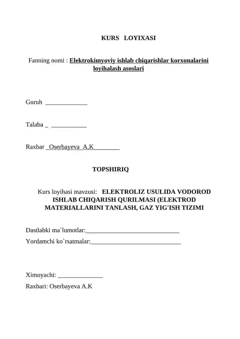 ELEKTROLIZ USULIDA VODOROD ISHLAB CHIQARISH QURILMASI (ELEKTROD MATERIALLARINI TANLASH, GAZ YIG'ISH TIZIMI 3