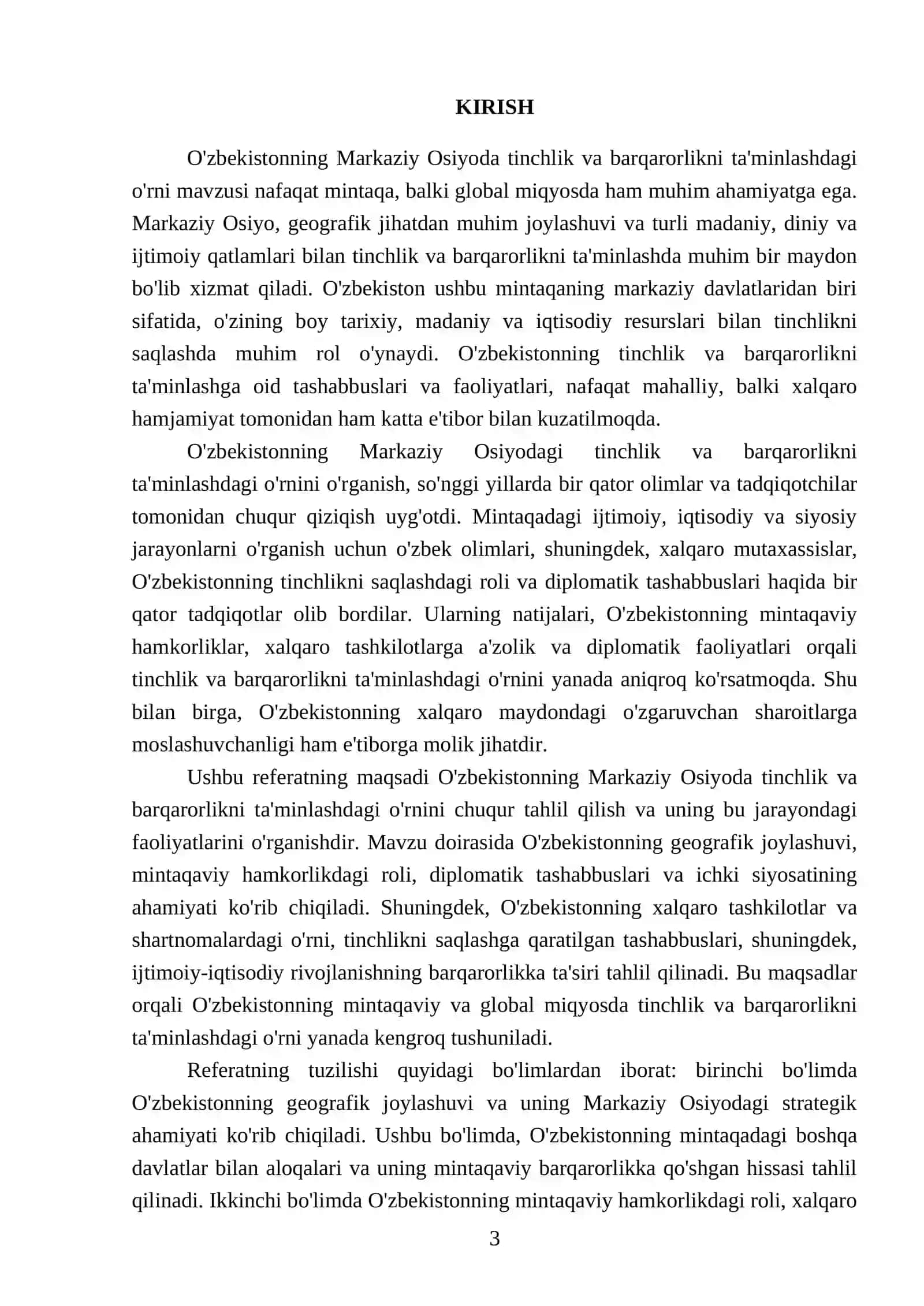 O'zbekistonning Markaziy Osiyoda tinchlik va barqarorlikni ta'minlashdagi o'rni REFERATI 3