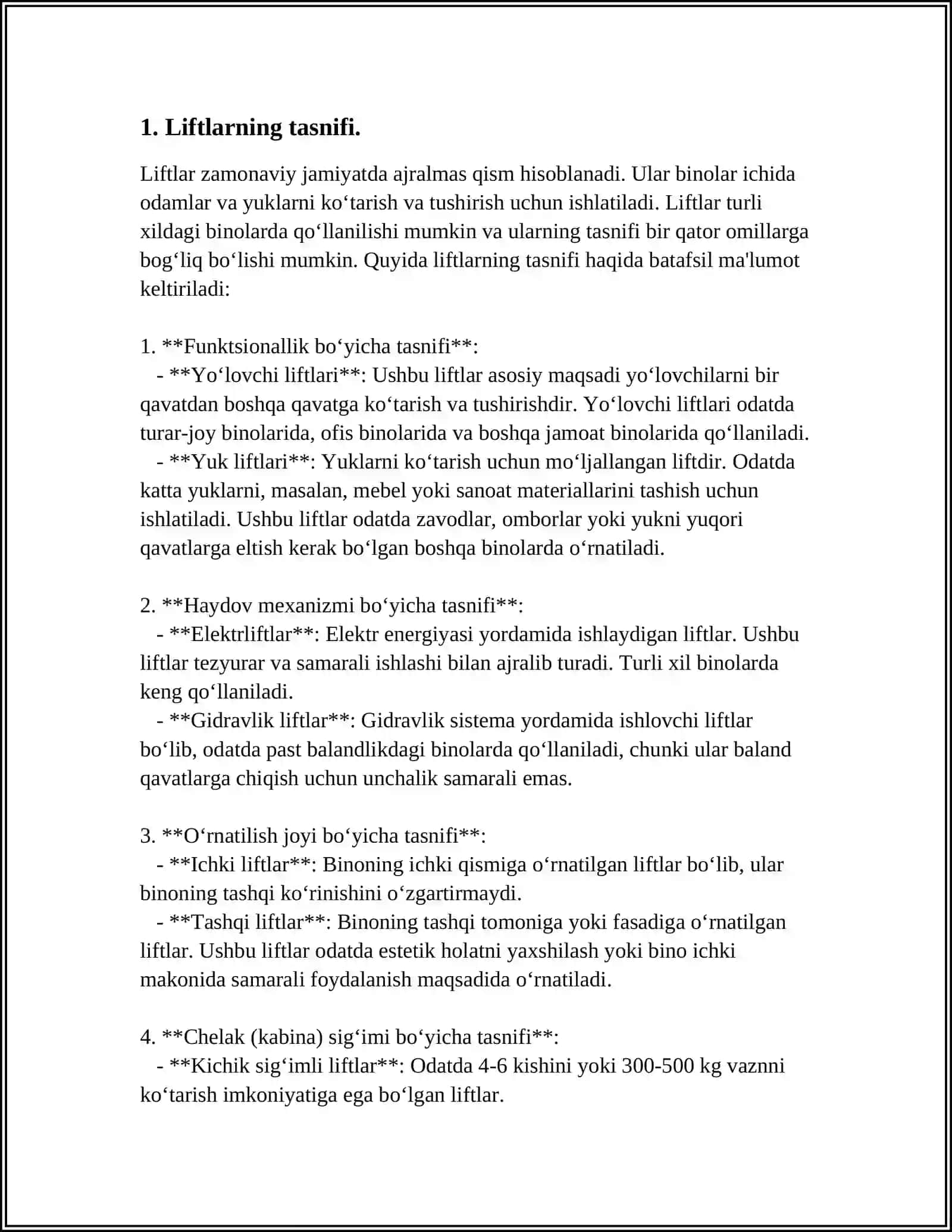 TEZLANISHI BÕYICHA LIFTLAR QAYSI KATIGORYALARGA BÕLINADI 3