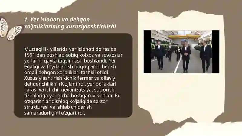 Mustaqillik yillarida O‘zbekistonda qishloq xo‘jaligi va sanoat sohasidagi oʻzgarishlari 3