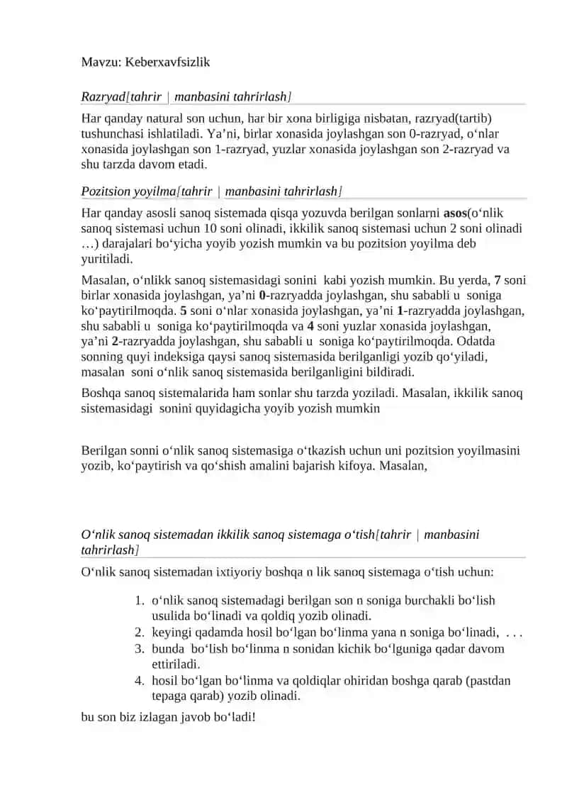 O‘nlik sanoq tizimidan ikklik, sakkizlik va o‘n oltilik sanoq tizimilariga o‘tish. Misollar keltiring 3