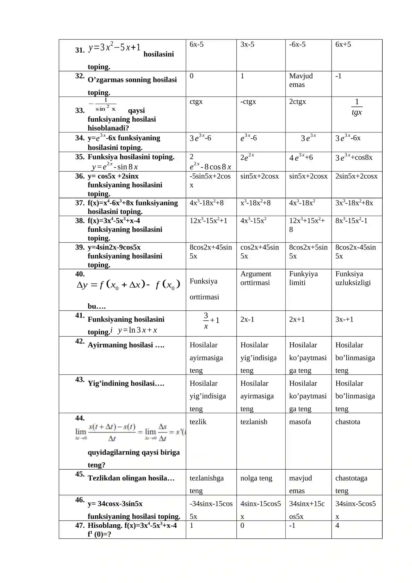 f(x)=7x4-6x2 funksiya haqidagi to‘g‘ri tasdiqni aniqlang 3