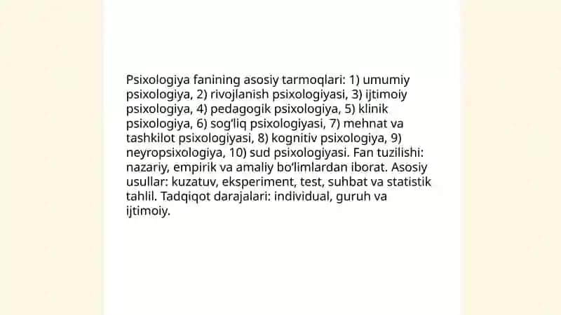 Psixologiya fanning tarmoqlari va tuzlishi 3