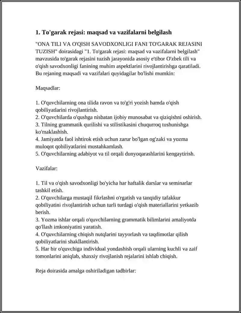 ONA TILI VA O'QISH SAVODXONLIGI FANI TO'GARAK REJASINI TUZISH 3