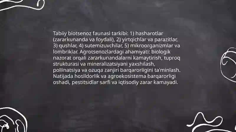 Agrotsenozlarda hayvonlar hayotining shakllanishida tabiiy biotsenoz faunasining ahamiyati 3