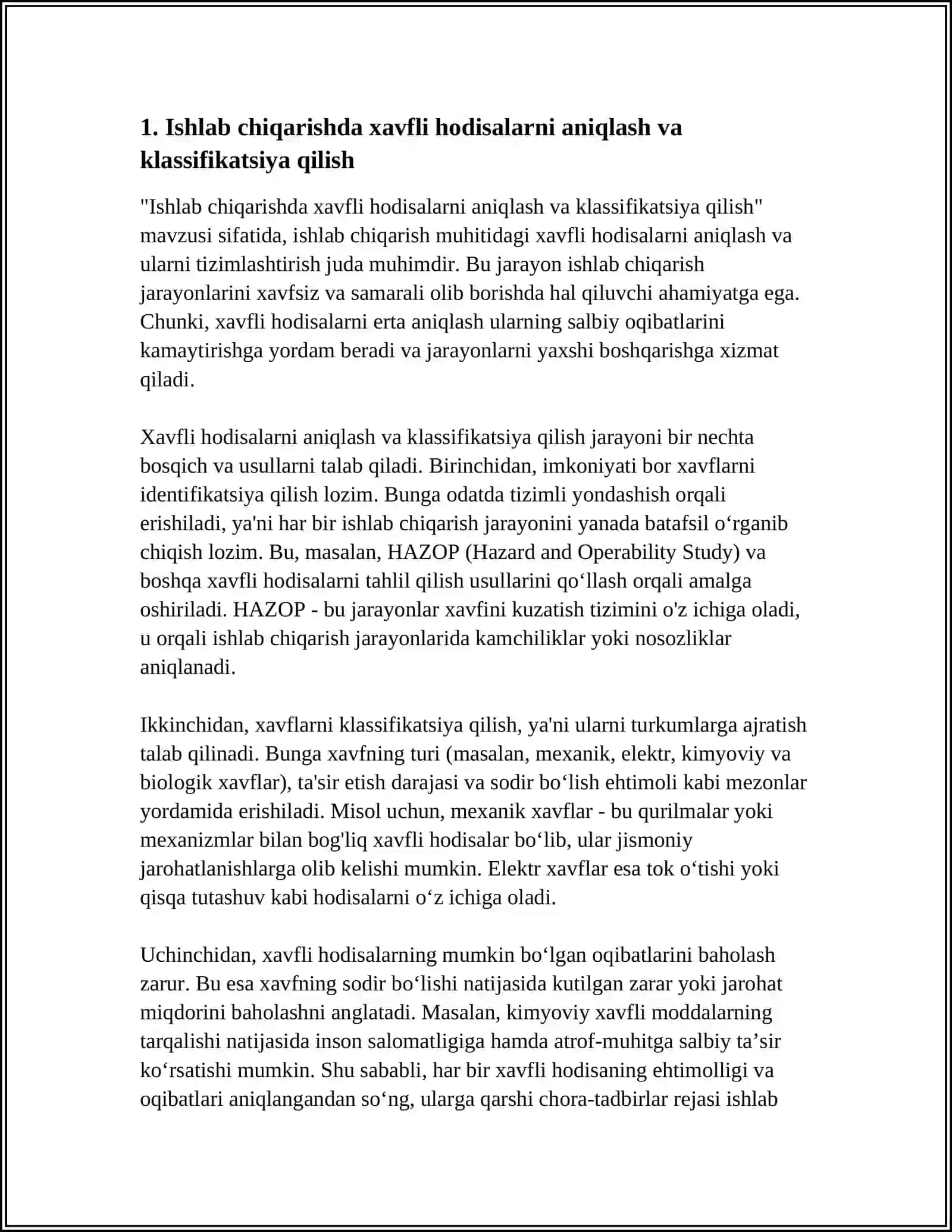 ISHLAB CHIQARISHDA XAVFLI HODISALAR,ULARNI TAHLIL QILISH VA SABOQLARNI MADANIYATINI QOʻLLASH 3