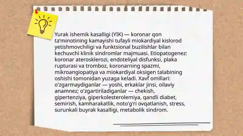 Yurak ishemik kasalligi, yurak sanchig’i, miokard infarkti, kardioskleroz simptomatologiyasi 3