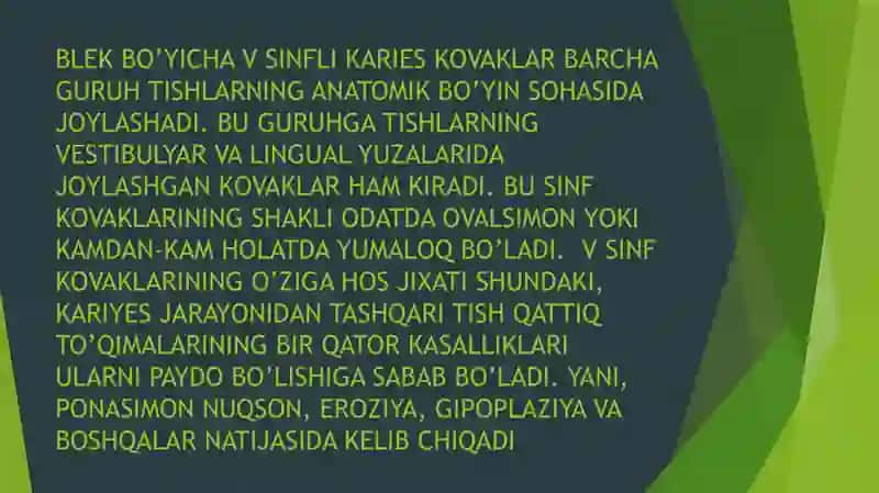BLEK BO’YICHA V SINFLI KARIES KOVAKLARNI RESTAVRATSIYA QILISHNING KLINIK TAMOYILLARI 3