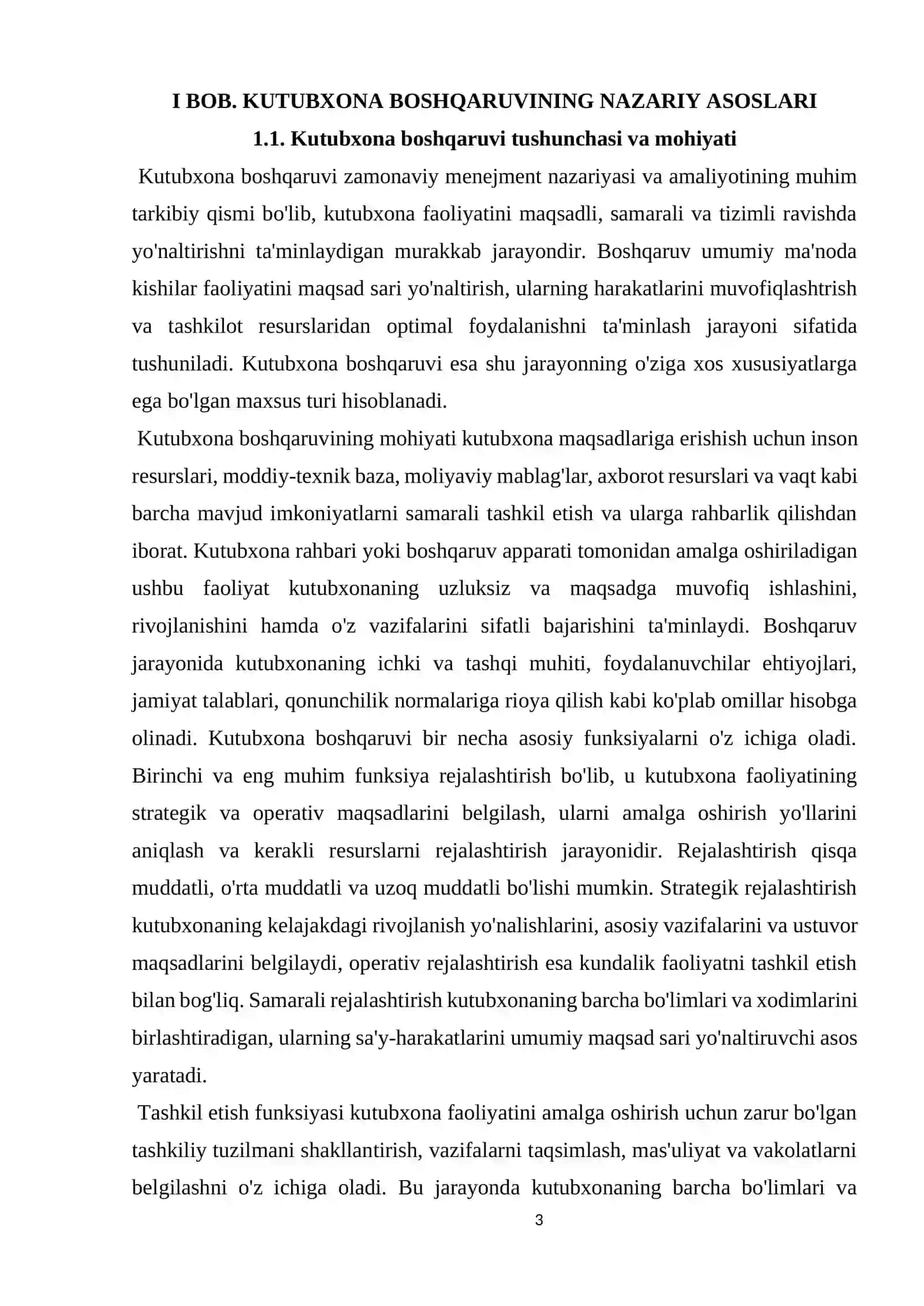 MUNDARIJA KIRISH I BOB. KUTUBXONA BOSHQARUVINING NAZARIY ASOSLARI 3