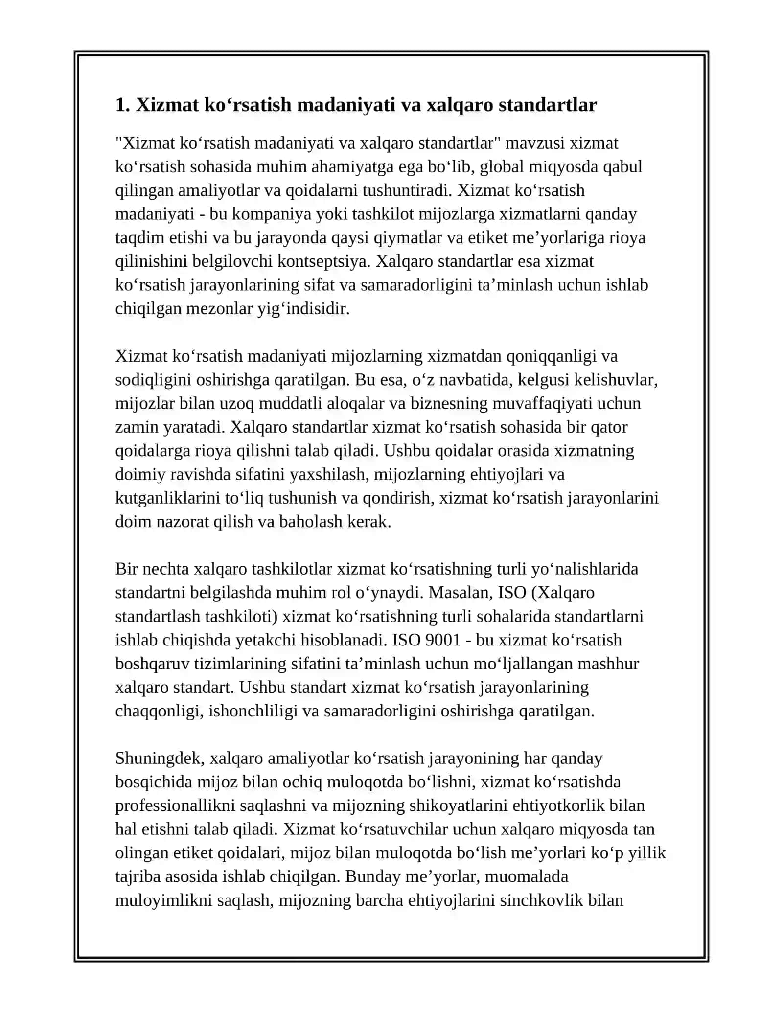 XIZMAT KOʻRSATISH MADANIYATI VA SERVIS ETIKETI: XALQARO AMALIYOTLAR 3