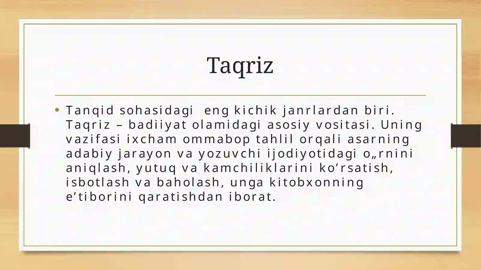 Taqriz. Taqrizning turlari. Taqrizning tuzilishi. Taqrizning tarkibiy qismlari. Taqriz yozishda standart klishelar 3