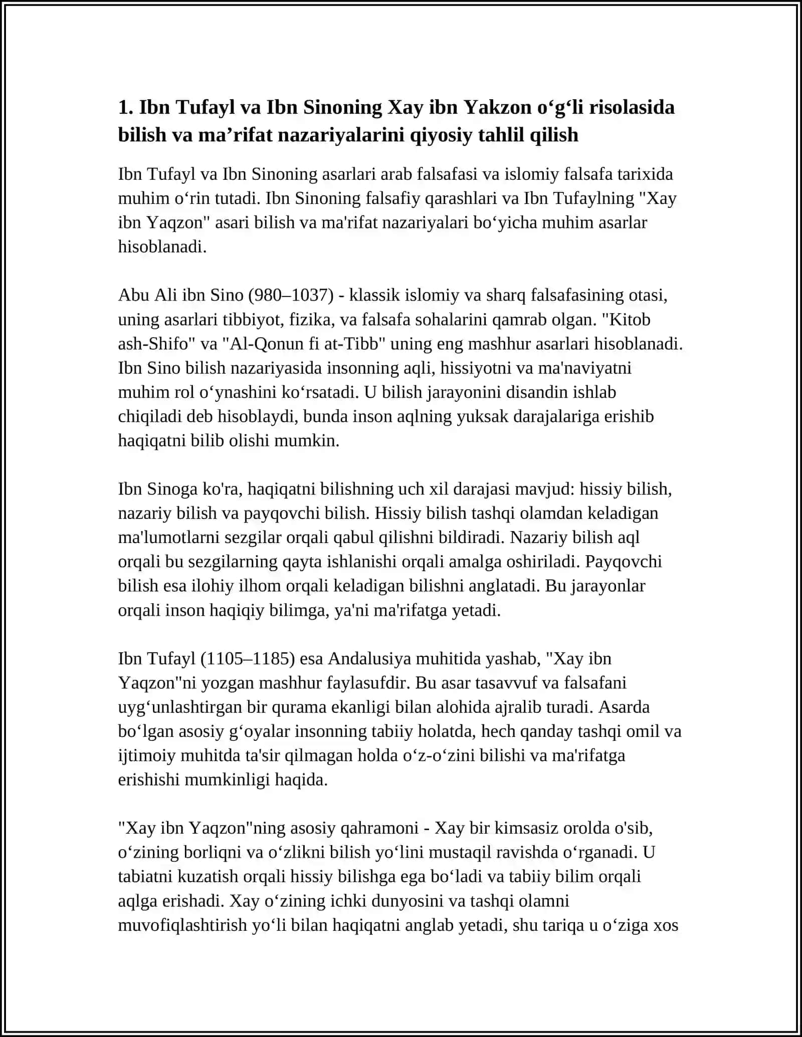 IBN TUFAYL VA IBN SINONING XAY IBN YAKZON OʻGʻLI RISOLASINI QIYOSIY TAHLIL ETISH VA ESSE TAYYORLASH 3