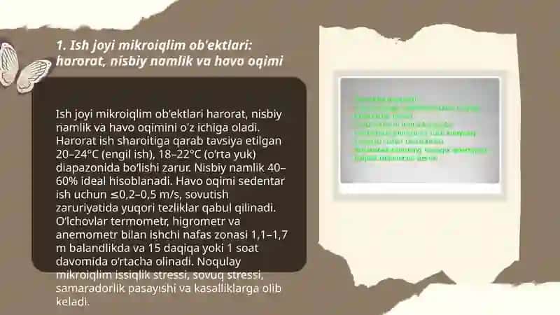 Ishchi muhitning fizikaviy kimyoviy va biologik omillarini tekshirish ob'ektlari xaqida tushuncha olish 3