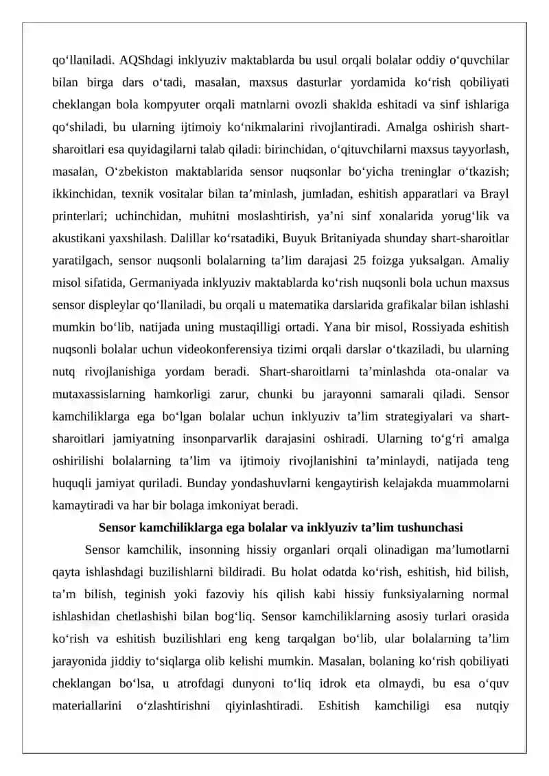 Sensor (eshitishida yoki ko‘rishida) kamchiliklarga ega bo‘lgan bolalar uchun inklyuziv ta’lim strategiyalari va ularni amalga oshirish shart-sharoitlari 3